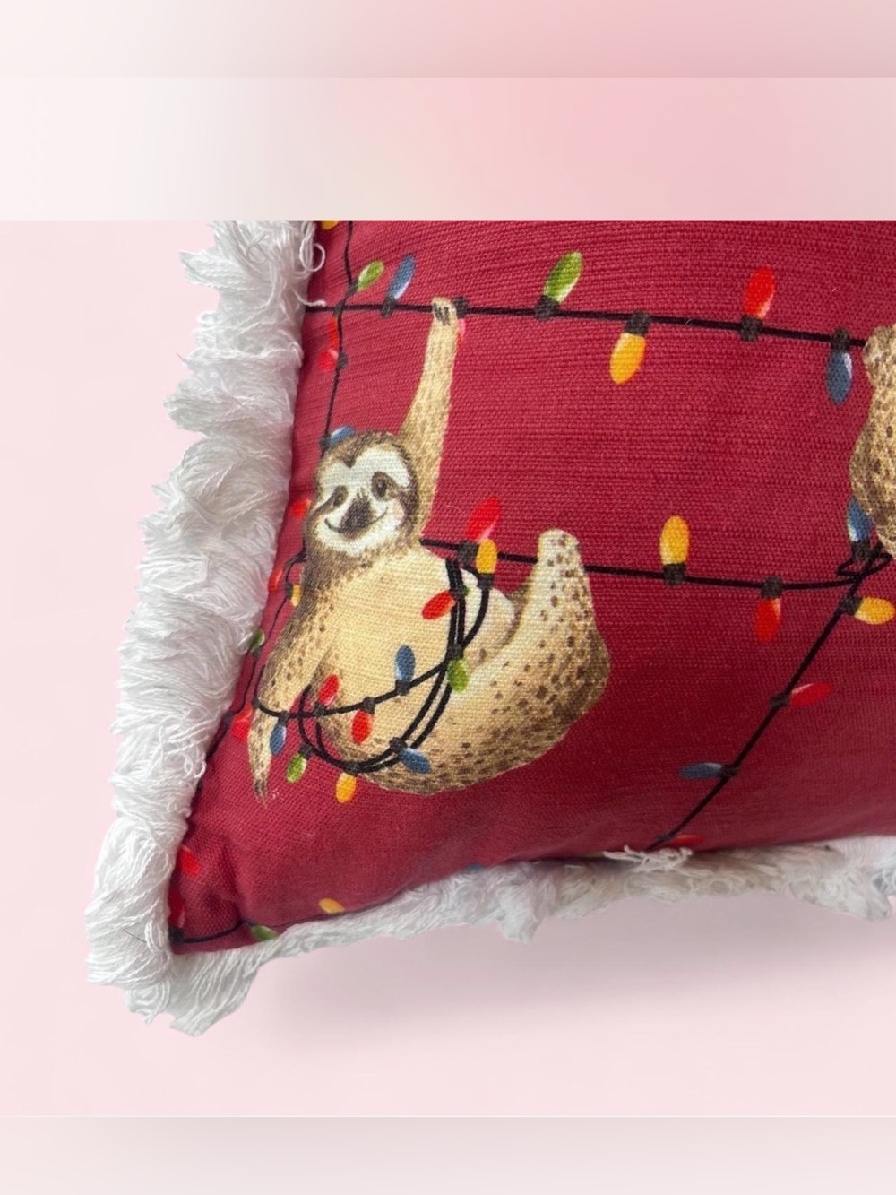 Merry Slothmas Christmas Pillow Red Holiday Fringe Boho Accent Cushion 16x16 in